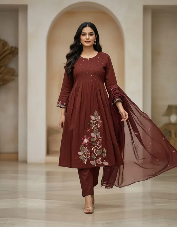 Brown_Cotton_Anarkali_Embroidered_Kurti_Set_For_Women