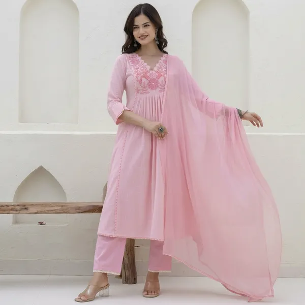 Pink_Cotton_Anarkali_Floral_Embroidered_Kurti_Set_For_Women