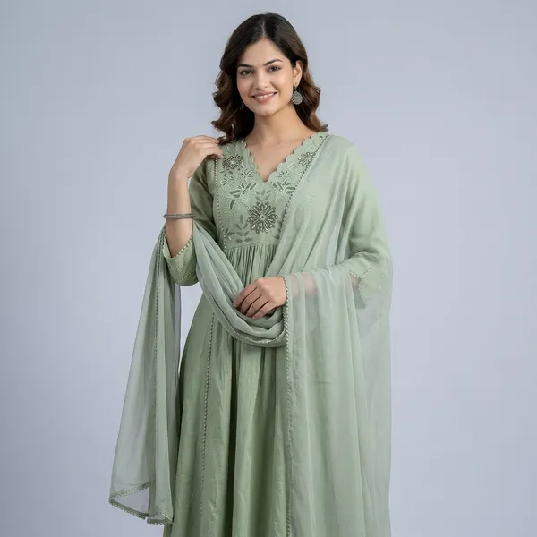 Green_Cotton_Anarkali_Floral_Embroidered_Kurti_Set_For_Women