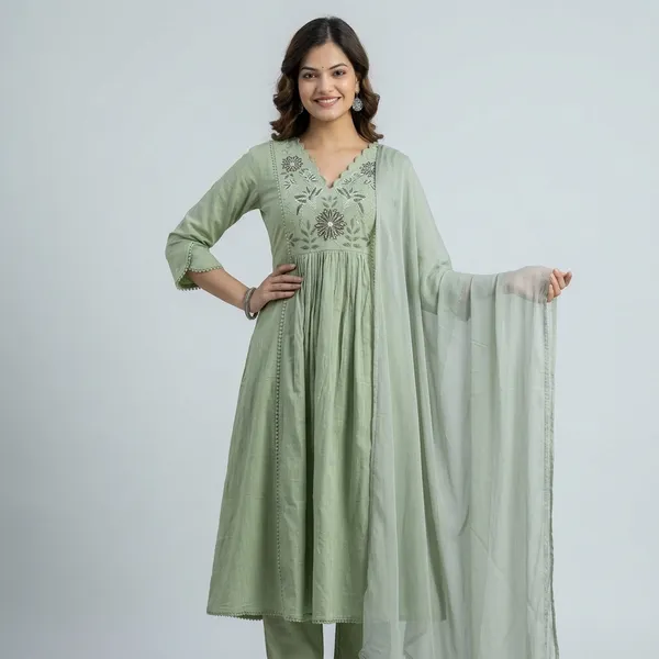 Green_Cotton_Anarkali_Floral_Embroidered_Kurti_Set_For_Women