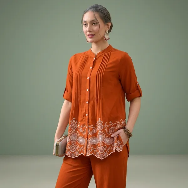 Orange_Cotton_Embroidered_Button_Front_Top_Pant_Set_For_Women