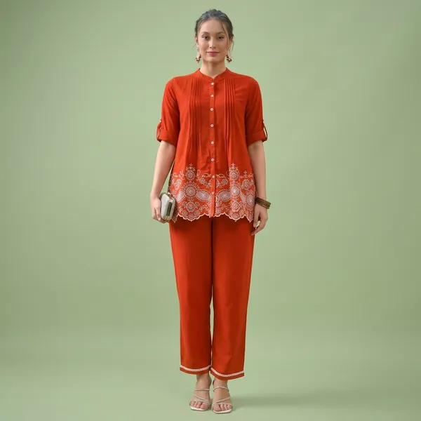 Orange_Cotton_Embroidered_Button_Front_Top_Pant_Set_For_Women