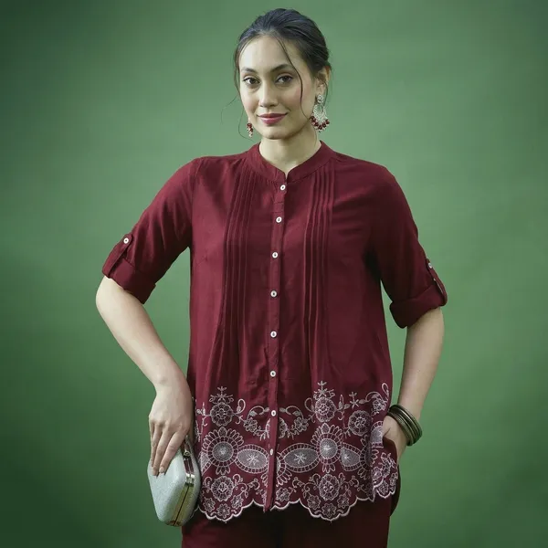 Maroon_Cotton_Embroidered_Button_Front_Top_Pant_Set_For_Women