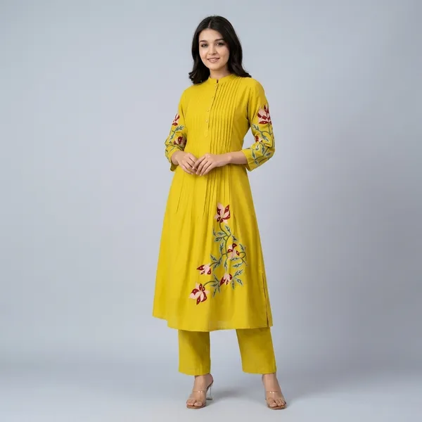 Yellow_Cotton_Anarkali_Floral_Embroidered_Kurti_Set_For_Women