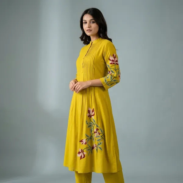 Yellow_Cotton_Anarkali_Floral_Embroidered_Kurti_Set_For_Women