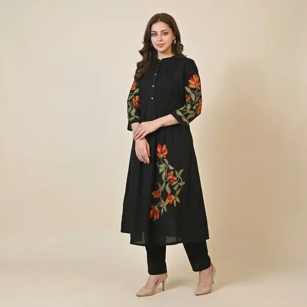 Black_Cotton_Anarkali_Floral_Embroidered_Kurti_Set_For_Women