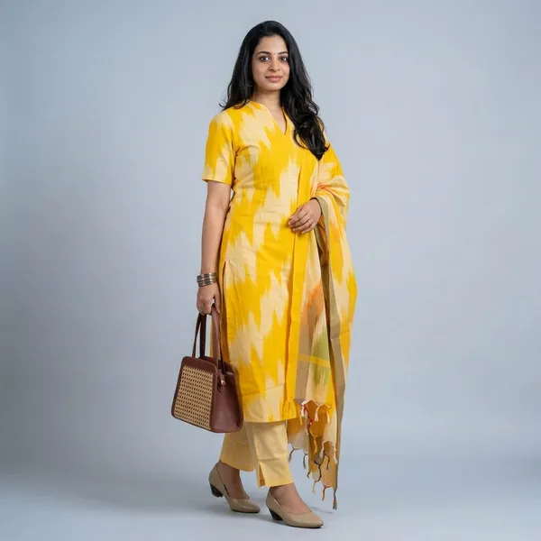 Yellow_Cotton_Straight_Ikat_Print_Kurta_Set_For_Women