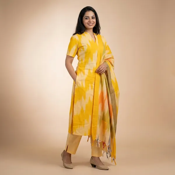 Yellow_Cotton_Straight_Ikat_Print_Kurta_Set_For_Women