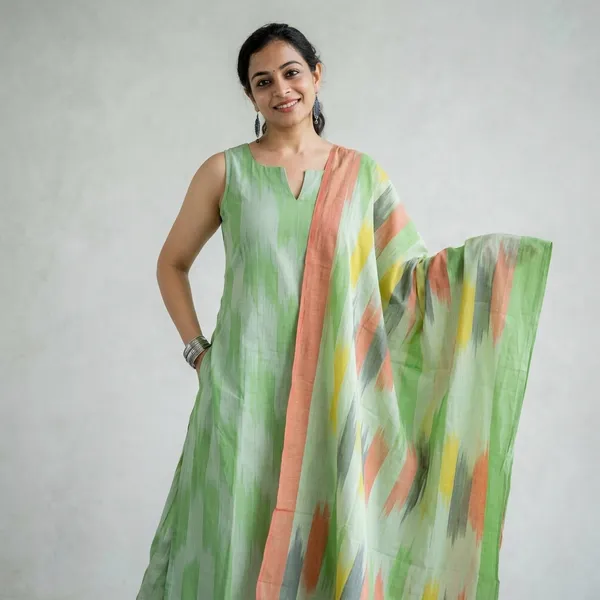 Green_Cotton_Straight_Ikat_Print_Kurta_Set_For_Women