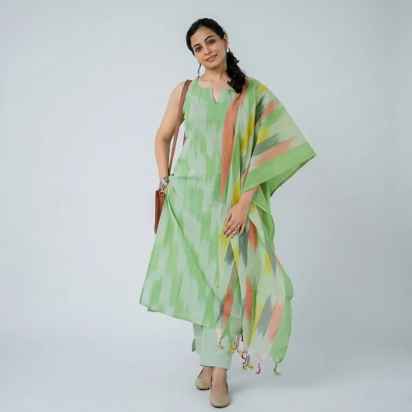 Green_Cotton_Straight_Ikat_Print_Kurta_Set_For_Women