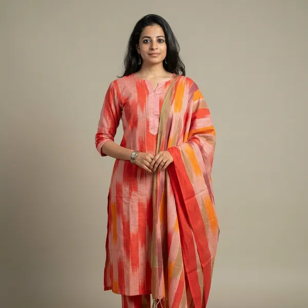 Orange_Cotton_Straight_Ikat_Print_Kurta_Set_For_Women