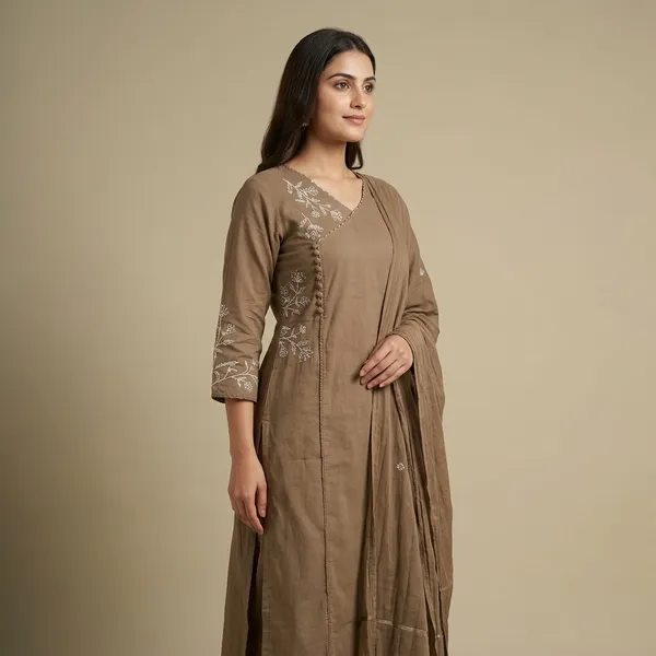 Brown_Cotton_Straight_Cut_Floral_Embroidered_Kurti_Set_For_Women