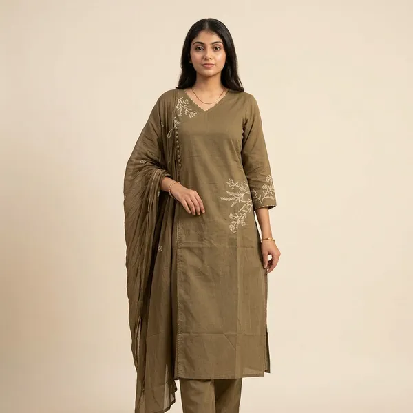 Brown_Cotton_Straight_Cut_Floral_Embroidered_Kurti_Set_For_Women