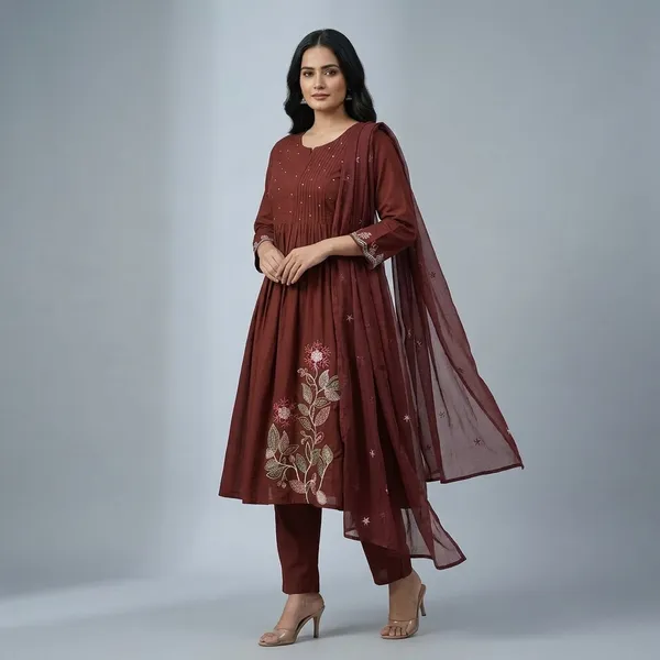 Brown_Cotton_Anarkali_Embroidered_Kurti_Set_For_Women