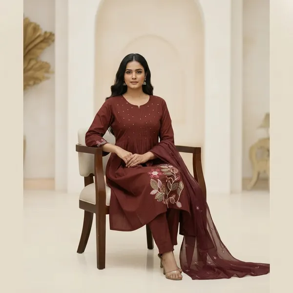 Brown_Cotton_Anarkali_Embroidered_Kurti_Set_For_Women