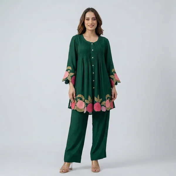 Green_Georgette_Pintuck_Floral_Embroidered_Kurta_Set_For_Women