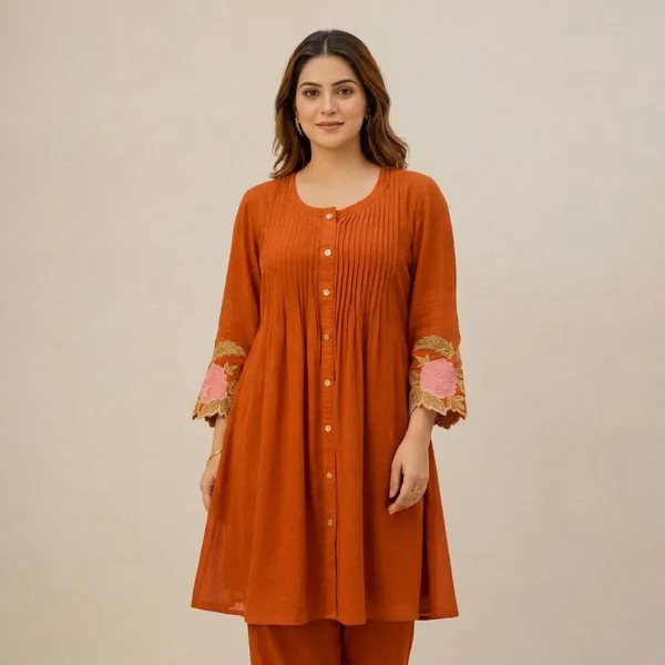 Orange_Georgette_Pintuck_Floral_Embroidered_Kurta_Set_For_Women