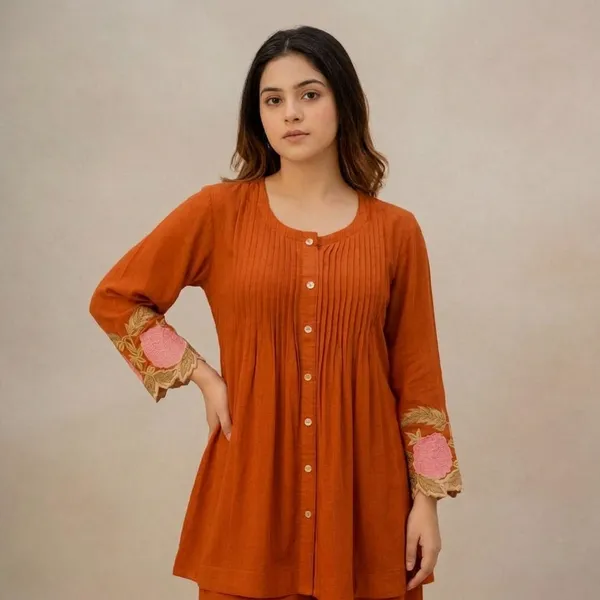 Orange_Georgette_Pintuck_Floral_Embroidered_Kurta_Set_For_Women
