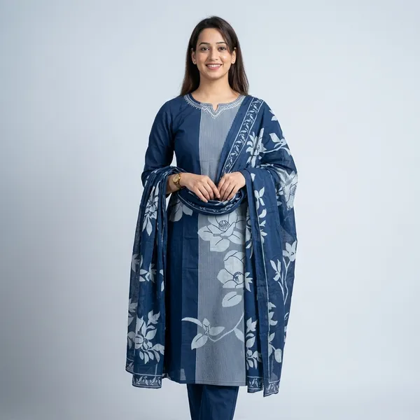 Blue_Cotton_Striped_Floral_Print_Kurti_Set_For_Women