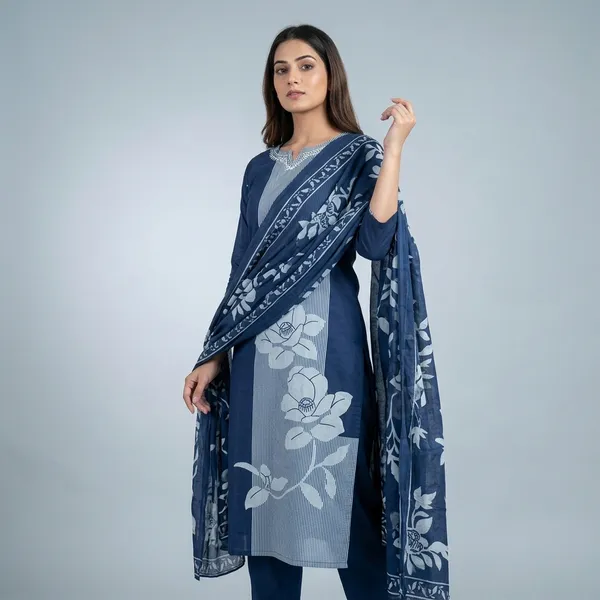 Blue_Cotton_Striped_Floral_Print_Kurti_Set_For_Women