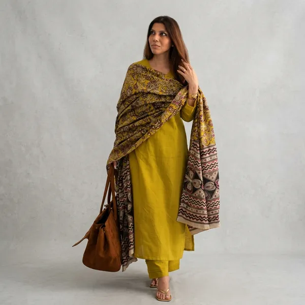 Yellow_Silk_Straight_Kurta_Set_With_Kalamkari_Dupatta_For_Women
