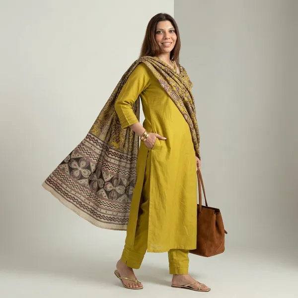 Yellow_Silk_Straight_Kurta_Set_With_Kalamkari_Dupatta_For_Women