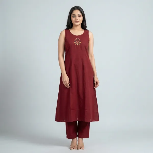 Maroon_Cotton_Sleeveless_A-Line_Embroidered_Kurti_Set_For_Women