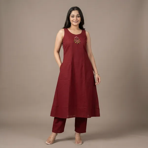 Maroon_Cotton_Sleeveless_A-Line_Embroidered_Kurti_Set_For_Women