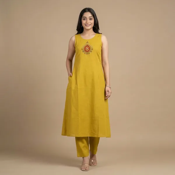 Yellow_Cotton_Sleeveless_A-Line_Embroidered_Kurti_Set_For_Women