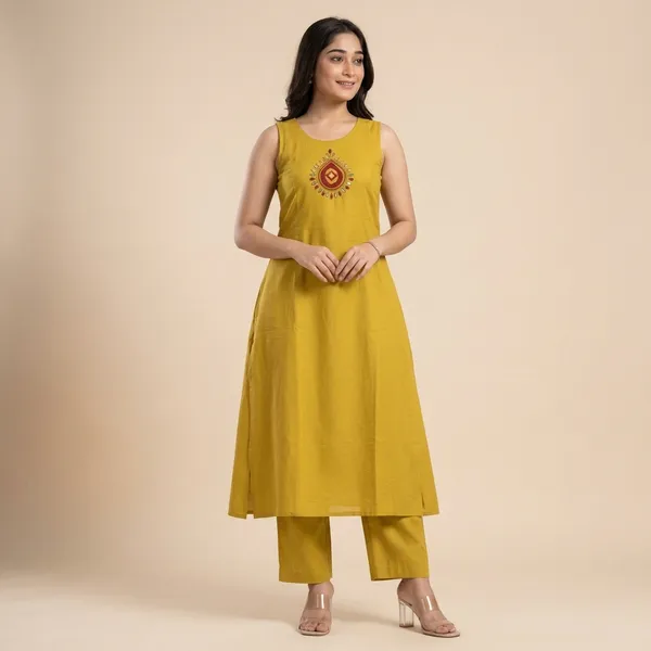 Yellow_Cotton_Sleeveless_A-Line_Embroidered_Kurti_Set_For_Women