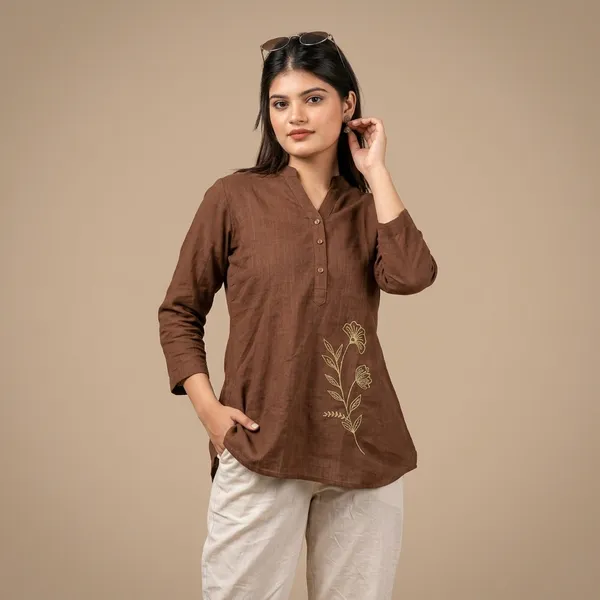 Brown_Cotton_Relaxed_Floral_Embroidered_Tunic_For_Women