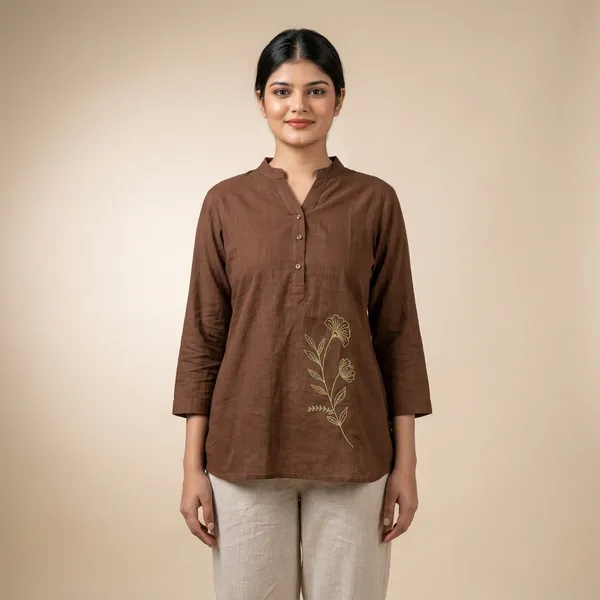 Brown_Cotton_Relaxed_Floral_Embroidered_Tunic_For_Women