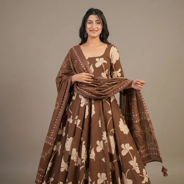 Brown_Cotton_Floral_Print_Anarkali_Kurta_Set_For_Women