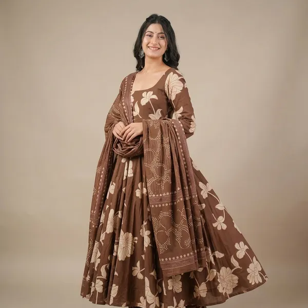 Brown_Cotton_Floral_Print_Anarkali_Kurta_Set_For_Women