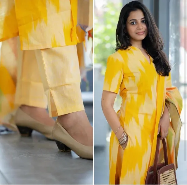 Yellow_Cotton_Straight_Ikat_Print_Kurta_Set_For_Women
