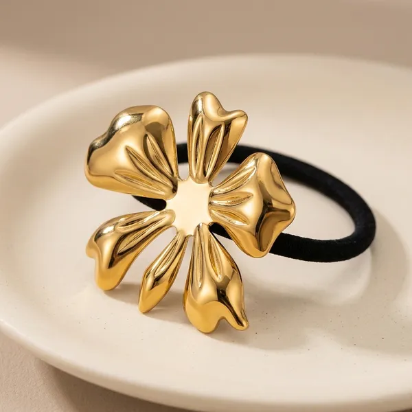 Gold_Plated_Stainless_Steel_2_pcs_Floral_Hair_Rubberband_Pair_For_Women