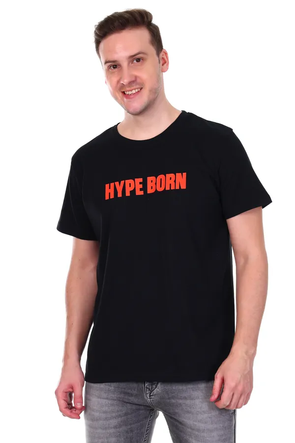 HYPE_BORN_Black_Typography_Print_Round_Neck_Casual_Cotton_T-Shirt