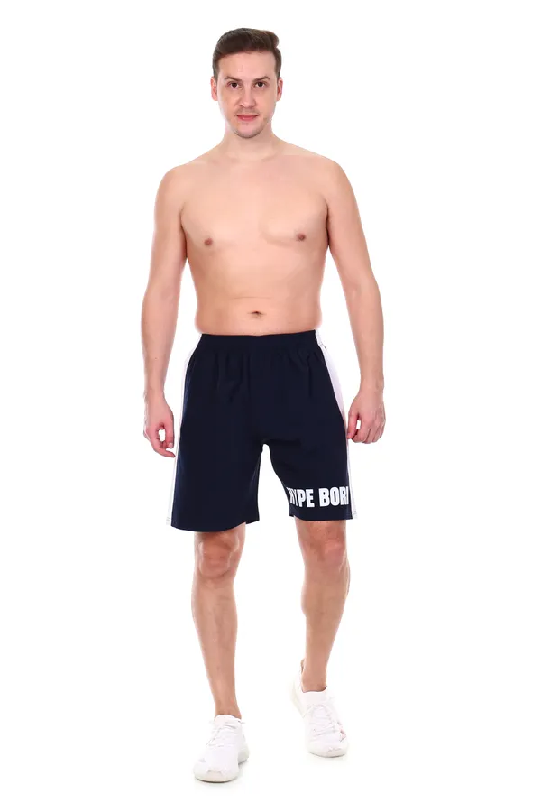 HYPE_BORN_Navy_&_White_Typography_Printed_On_Hem_Light_Weight_Shorts_with_Side_Stripe