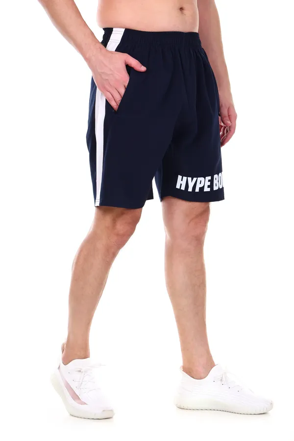 HYPE_BORN_Navy_&_White_Typography_Printed_On_Hem_Light_Weight_Shorts_with_Side_Stripe