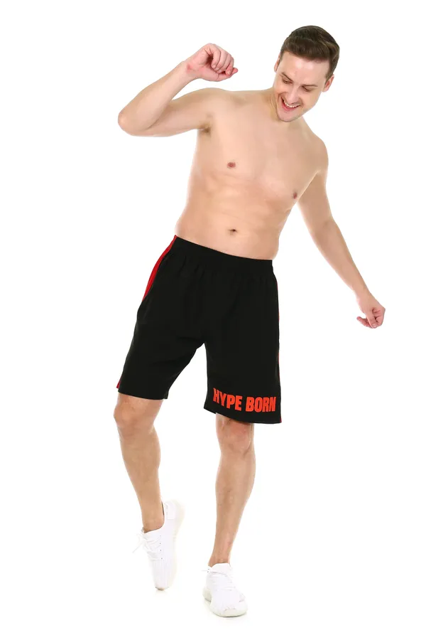 HYPE_BORN_Black_&_RedTypography_Printed_On_Hem_Light_Weight_Shorts_with_Side_Stripe