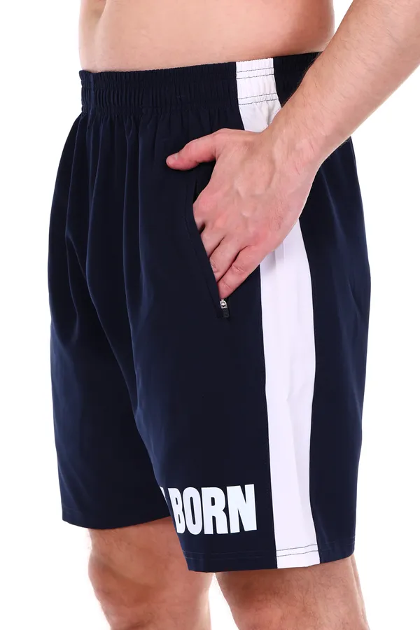 HYPE_BORN_Navy_&_White_Typography_Printed_On_Hem_Light_Weight_Shorts_with_Side_Stripe