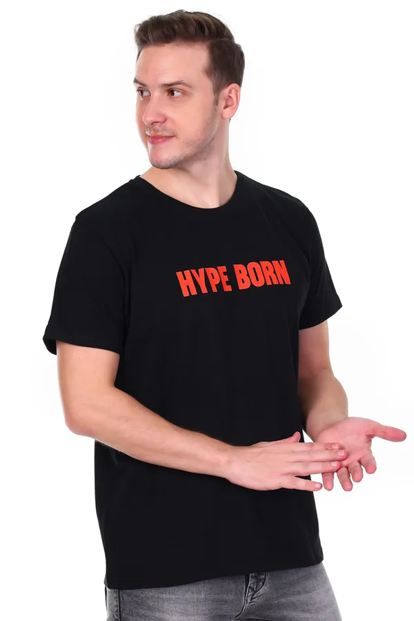 HYPE_BORN_Black_Typography_Print_Round_Neck_Casual_Cotton_T-Shirt