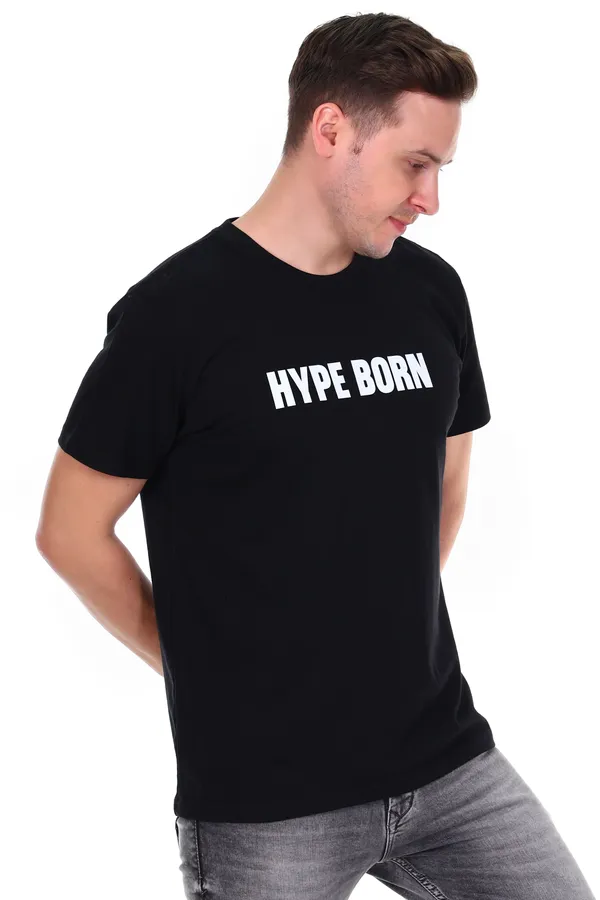 HYPE_BORN_Black_Round_Neck_Casual_Cotton_T-Shirt_With_White_Typography_Print