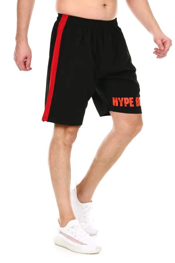 HYPE_BORN_Black_&_RedTypography_Printed_On_Hem_Light_Weight_Shorts_with_Side_Stripe
