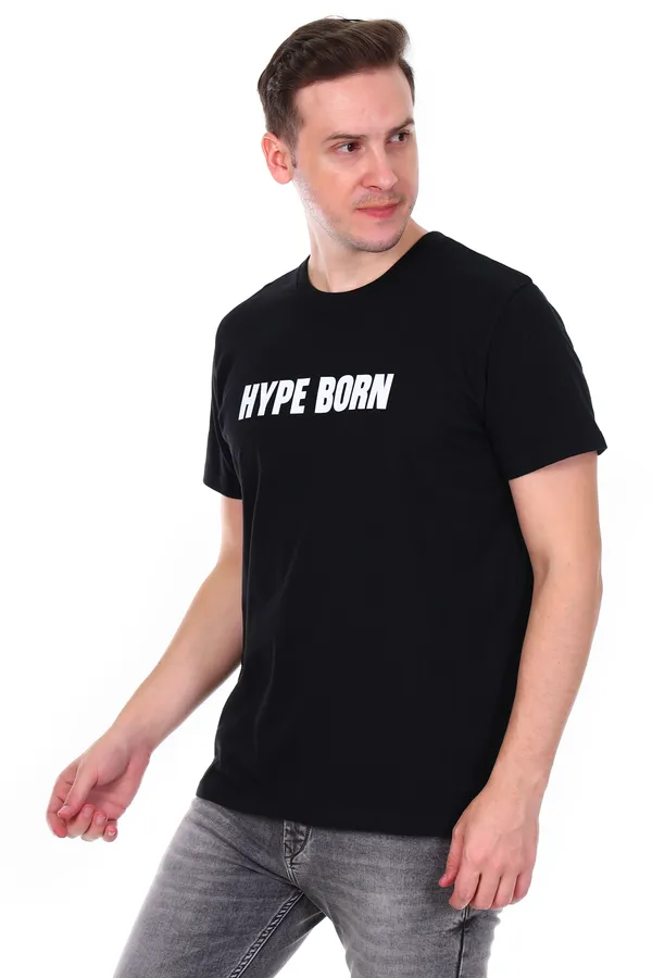 HYPE_BORN_Black_Round_Neck_Casual_Cotton_T-Shirt_With_White_Typography_Print