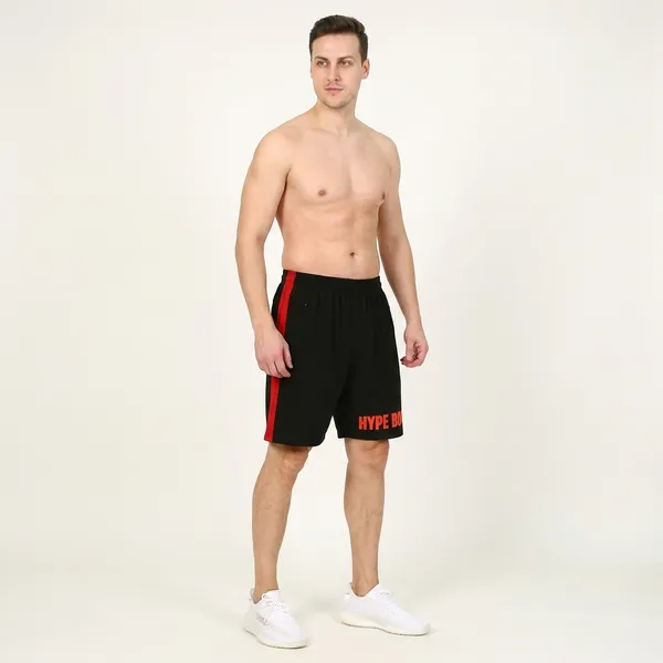 HYPE_BORN_Black_&_RedTypography_Printed_On_Hem_Light_Weight_Shorts_with_Side_Stripe