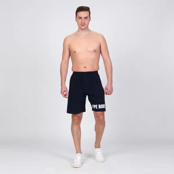 HYPE_BORN_Navy_&_White_Typography_Printed_On_Hem_Light_Weight_Shorts_with_Side_Stripe