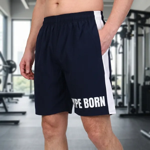 HYPE_BORN_Navy_&_White_Typography_Printed_On_Hem_Light_Weight_Shorts_with_Side_Stripe
