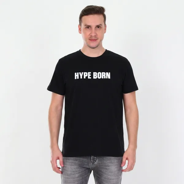 HYPE_BORN_Black_Round_Neck_Casual_Cotton_T-Shirt_With_White_Typography_Print