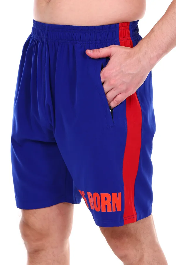 HYPE_BORN_Royal_Blue_&_Red_Typography_Printed_On_Hem_Light_Weight_Shorts_with_Side_Stripe